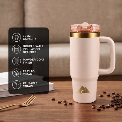 Ozark Trail 30 oz Stainless Steel Insulated Travel Tumbler with Handle and Flip Straw Lid, Rose Shimmer
